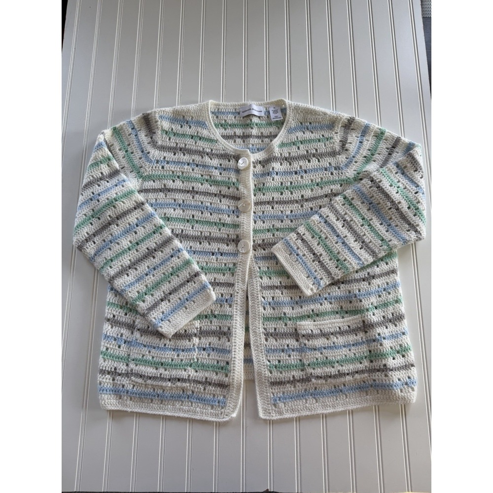 Alfred Dunner Cardigan XL Pastel Striped Open Knit Cottagecore Grandma